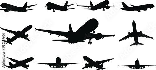 Collection of commercial airplane silhouettes in various angles isolated on white background, aviation transport aircraft set for travel and airline design use
