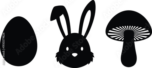 Easter symbols silhouette set with egg, bunny and mushroom isolated on white background, spring holiday decorative icon collection