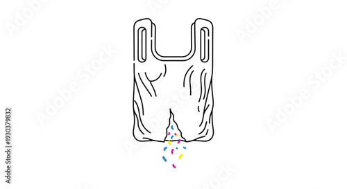 Simple outline of a plastic bag with colorful microplastic particles leaking out from a hole in the bottom to show pollution.