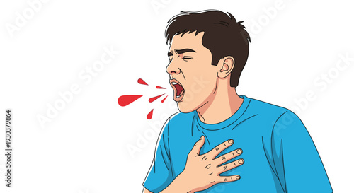 Man coughing or sneezing without covering his mouth, releasing red droplets into the air to illustrate how infections spread.