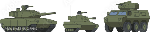 Flat vector military combat vehicle collection, battle tank infantry fighting vehicle armored personnel carrier illustration isolated
