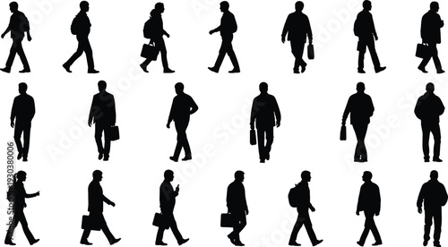 Men walking silhouette collection in various poses isolated on white background, male commuters with bags and backpacks urban lifestyle concept set