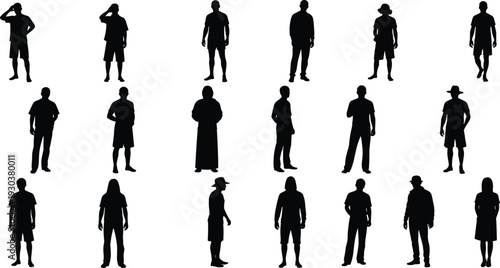 Men silhouette collection in various standing poses isolated on white background, male figures set including casual, traditional and hat styles for design use