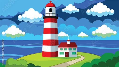 A vibrant lighthouse standing tall on a rocky shore with a picturesque ocean view Vector