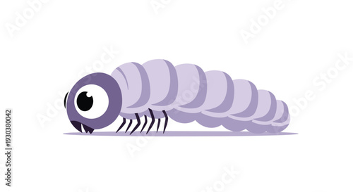 Cute purple caterpillar with large eyes and multiple small legs crawls across a plain white surface in a simple cartoon style.