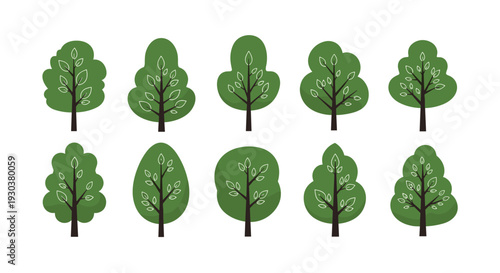 Grid of ten identical green trees with thin white outlines of leaves on a dark trunk, providing a uniform forest icon set.