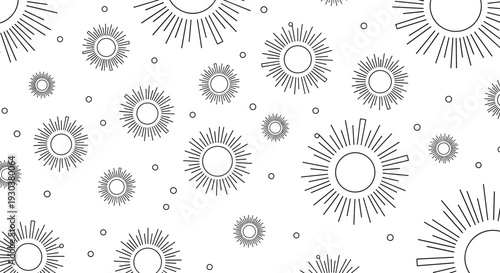 Minimalist pattern of outlined sun symbols in different sizes and line styles scattered across a clean white background.