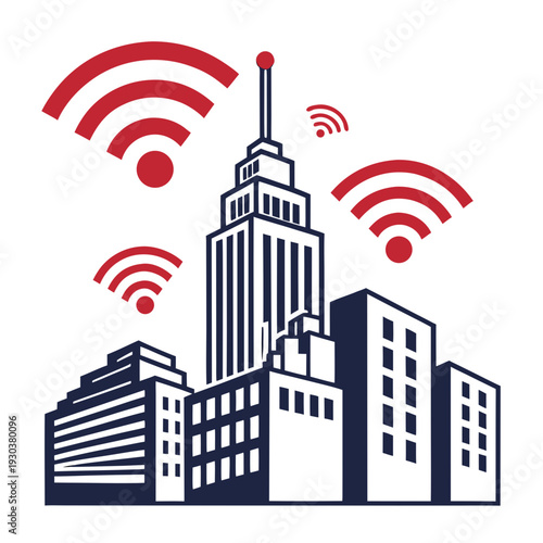 Cityscape with wifi signal icons surrounding skyscrapers