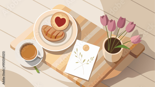 Romantic breakfast with coffee cookies and tulips on wooden table in soft morning light flat vector illustration