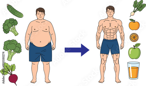 Weight loss transformation concept with healthy diet, vegetables and fruits showing fat to fit body change, fitness nutrition vector illustration isolated