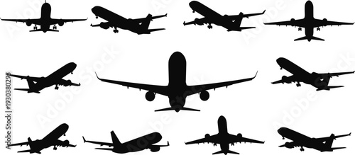 Set of airplane silhouettes in different angles isolated on white background, commercial passenger aircraft collection for aviation and travel design projects
