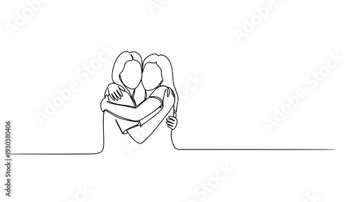 Two girlfriends hugging continuous line art vector EPS 10