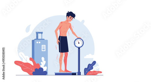 Sad thin man checking his weight on a mechanical scale next to a suitcase representing weight loss or health issues.