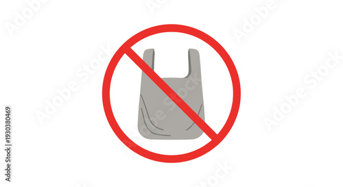 Red prohibition sign over a grey plastic shopping bag promoting environmental protection and reducing plastic waste.