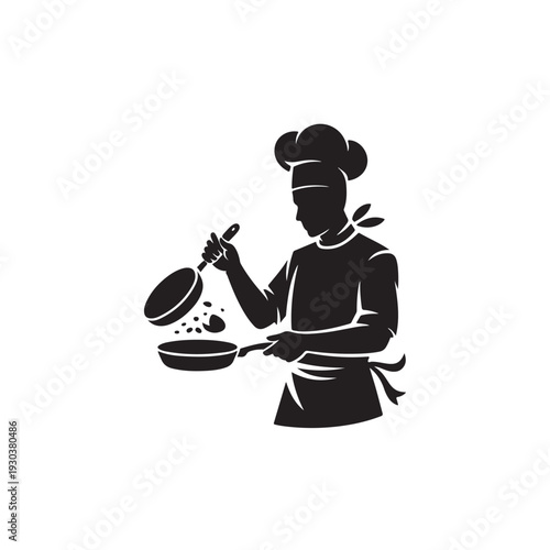 Bold black chef cooking in a frying pan with a spatula