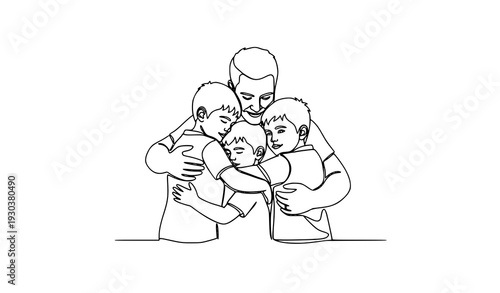 Father hugging two sons continuous line drawing EPS 10