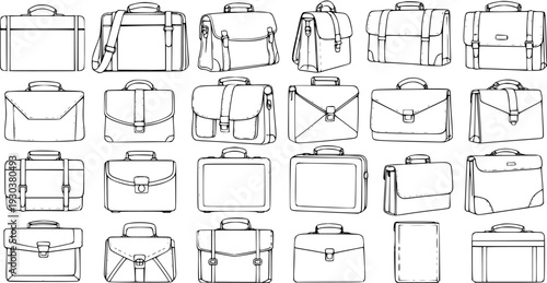 Diverse Collection of Briefcases and Business Bags, Illustrated Line Art