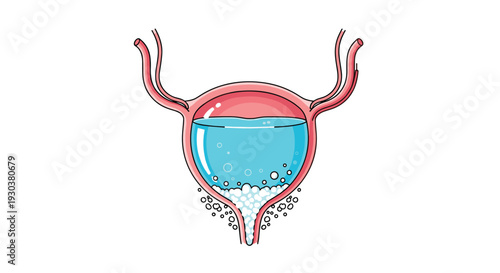 Medical diagram of a human bladder filled with blue liquid and showing white sediment or stones at the bottom part.