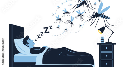 Man sleeping peacefully in bed while a swarm of large mosquitoes flies over him indicating the risk of insect bites.