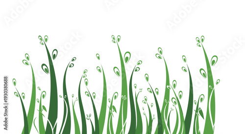 Artistic illustration of long green grass blades or plant sprouts with decorative elements on a plain white background.