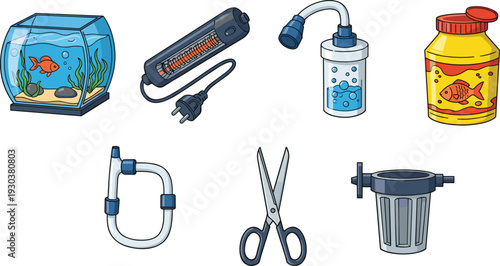Aquarium equipment and accessories illustration set with fish tank, heater, filter, hose, scissors and fish food, aquatic pet care tools collection