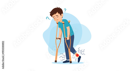 Sad boy using crutches with a red spot on his foot representing pain and injury while appearing confused or questioning.