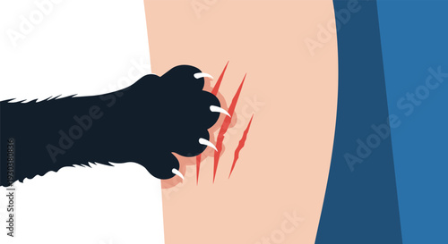 Close up of a black cat paw scratching a person arm leaving three red bloody scratch marks on skin in a simple style.