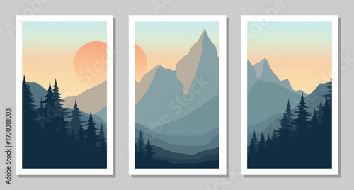 A flat vector Serene mountain landscapes with pine trees at sunset in white frames