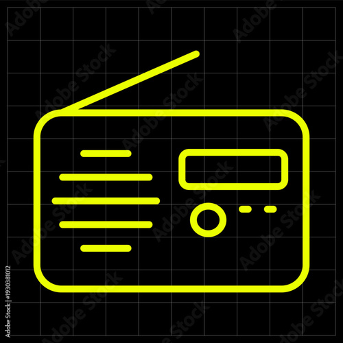 Vintage Classic Radio Receiver Neon Yellow Line Art Icon Design. Retro style neon yellow radio icon perfect for music broadcasting apps, old-school media websites, or podcasting platform graphics