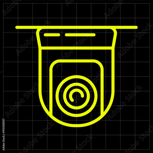 Neon Yellow Security CCTV Camera Icon in Minimalist Line Art. A modern neon yellow security camera illustration for surveillance systems, smart home apps, or safety monitoring web interfaces
