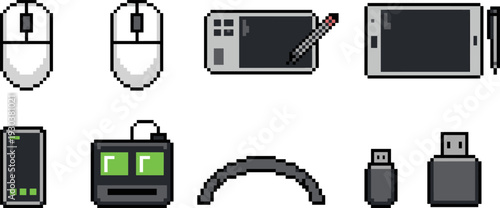 Pixel art digital tablet and computer accessory icon set, mouse stylus smartphone usb vector illustration isolated