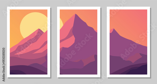 A flat vector Vibrant mountain landscape posters with colorful sunset views
