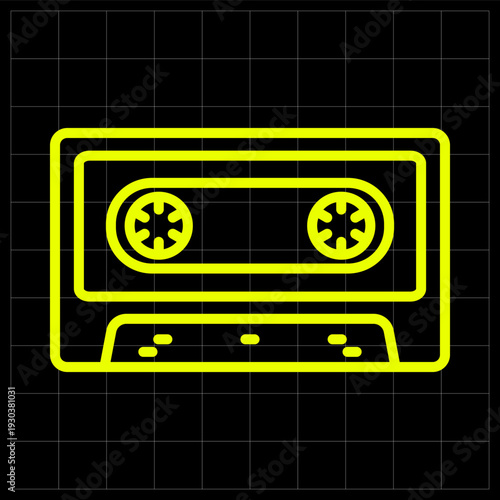 Retro Audio Cassette Tape Neon Yellow Line Art Vector Illustration. Vibrant neon yellow cassette tape icon for 90s nostalgia content, music player interfaces, or vintage-themed graphic design projects
