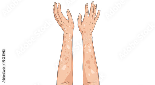 Illustration of two human arms showing skin depigmentation or vitiligo patches in a clean and medical graphic style.