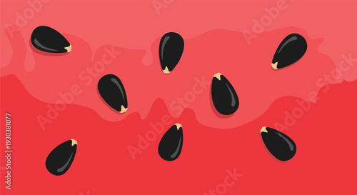 Close up top view of fresh ripe red watermelon fruit pulp with several black seeds and sweet juice droplets on surface.