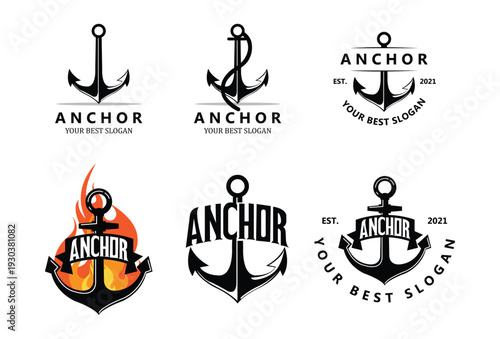 Anchor logos collection with fire and ribbon elements for marine or shipping business branding