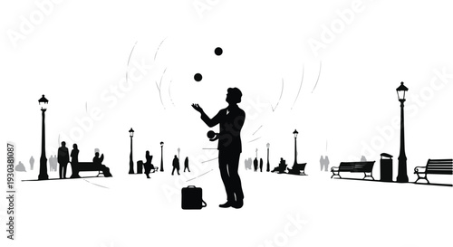 Skilled performer entertains onlookers with a captivating juggling act in a public park.