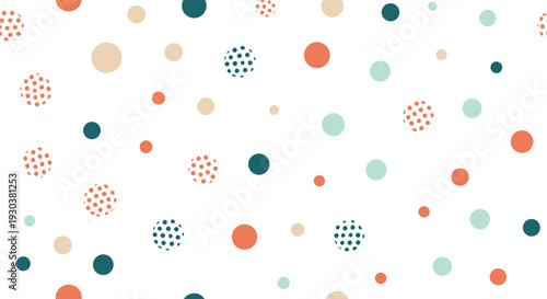 Seamless pattern background of colorful scattered dots and circles with various textures and sizes on plain white surface.