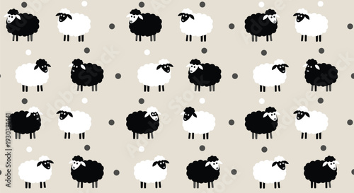 Seamless animal pattern background featuring repeating cute black and white fluffy sheep with dots in between them on gray.