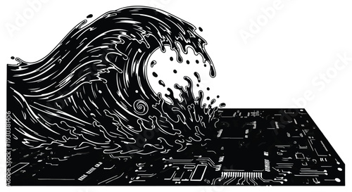 Dark wave crashing over computer circuit board, symbolizing data overload or technological disruption.