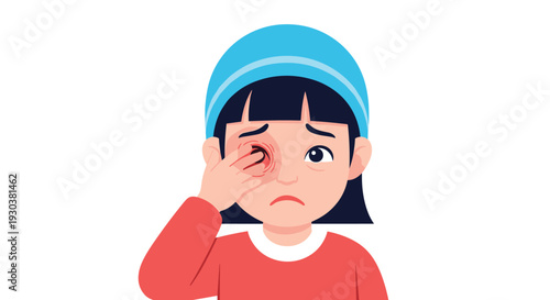 Sad young girl wearing blue hat and red sweater rubbing her red and irritated eye that looks infected or allergic.