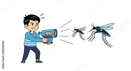 Brave young boy holding futuristic blue energy gun and zapping flying mosquitoes to protect himself from insect pests.