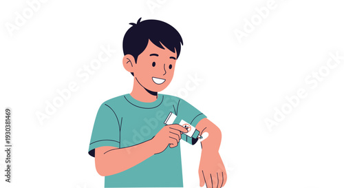 Young boy smiling while applying white medical cream or insect repellent from tube onto his arm for skin protection.