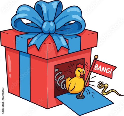 Colorful surprise gift box featuring a spring-loaded chicken holding a "BANG!" flag popping out to prank someone.