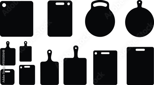 Cutting board silhouettes set with kitchen chopping boards in various shapes, cooking utensils collection, food preparation tools icons isolated for culinary and restaurant design