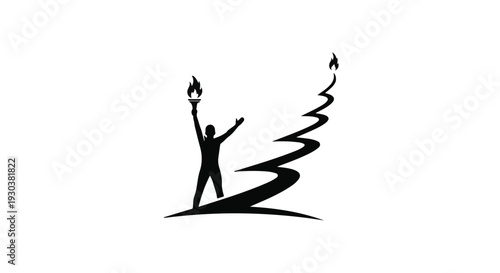 Silhouette of a person holding a torch aloft, symbolizing achievement and progress on a winding path.