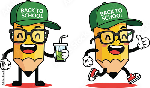 Cute pencil mascot character set with back to school theme, cartoon student illustration holding drink and running, education vector isolated
