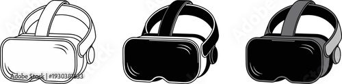 Virtual reality headset line art icon set, VR goggles black and white vector illustration isolatedVirtual reality headset line art icon set, VR goggles black and white vector illustration isolated