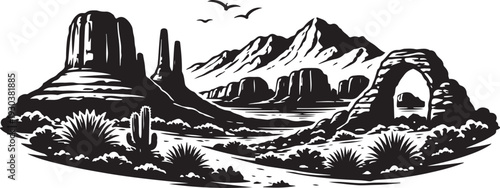 Utah Landscape Skyline Silhouette, Vector Illustration, Isolated on White Background