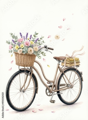 Vintage bicycle with wicker flower basket and falling petals watercolor illustration